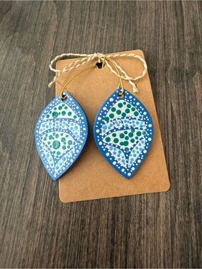 Blue and Green Hand-Painted Leaf Drop Earrings NWOT